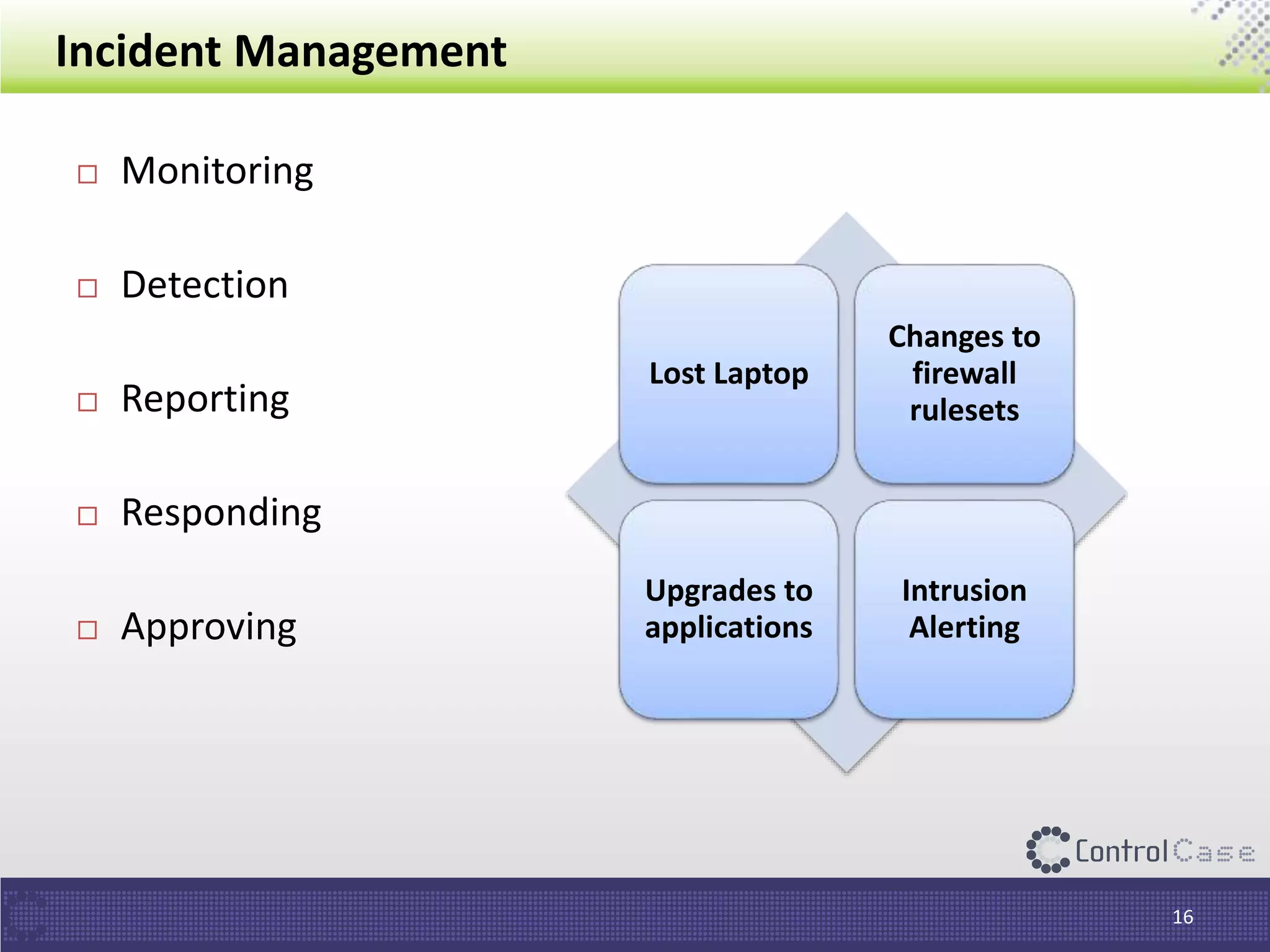 Incident Management
16
 Monitoring
 Detection
 Reporting
 Responding
 Approving
Lost Laptop
Changes to
firewall
rulesets
Upgrades to
applications
Intrusion
Alerting
 