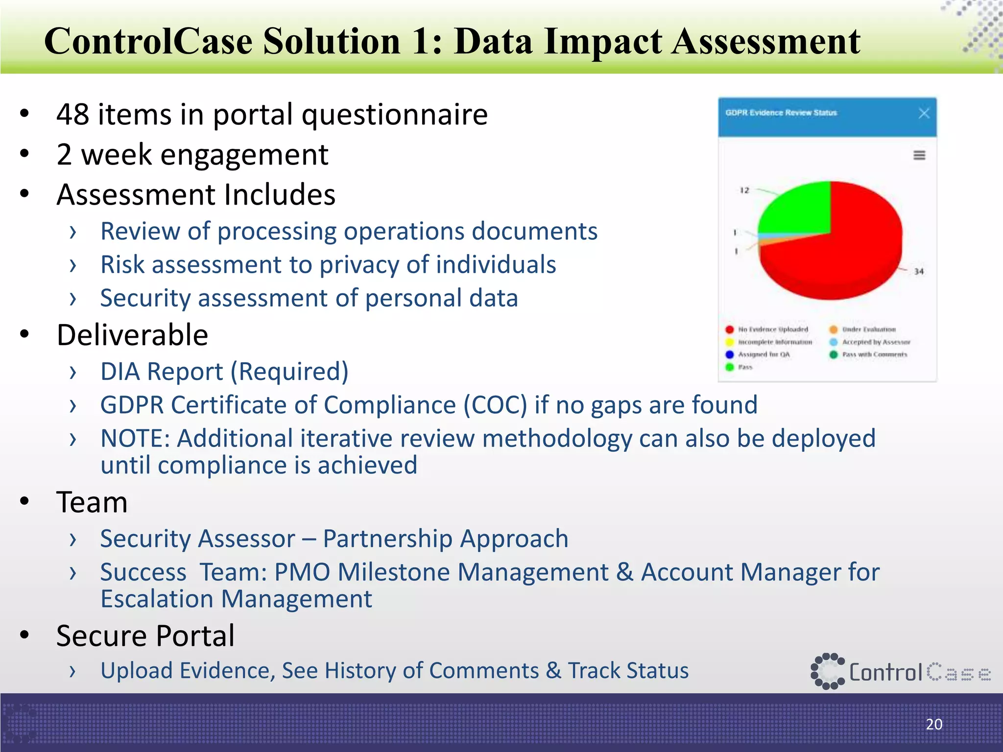 ControlCase Solution 1: Data Impact Assessment
• 48 items in portal questionnaire
• 2 week engagement
• Assessment Includes
› Review of processing operations documents
› Risk assessment to privacy of individuals
› Security assessment of personal data
• Deliverable
› DIA Report (Required)
› GDPR Certificate of Compliance (COC) if no gaps are found
› NOTE: Additional iterative review methodology can also be deployed
until compliance is achieved
• Team
› Security Assessor – Partnership Approach
› Success Team: PMO Milestone Management & Account Manager for
Escalation Management
• Secure Portal
› Upload Evidence, See History of Comments & Track Status
20
 