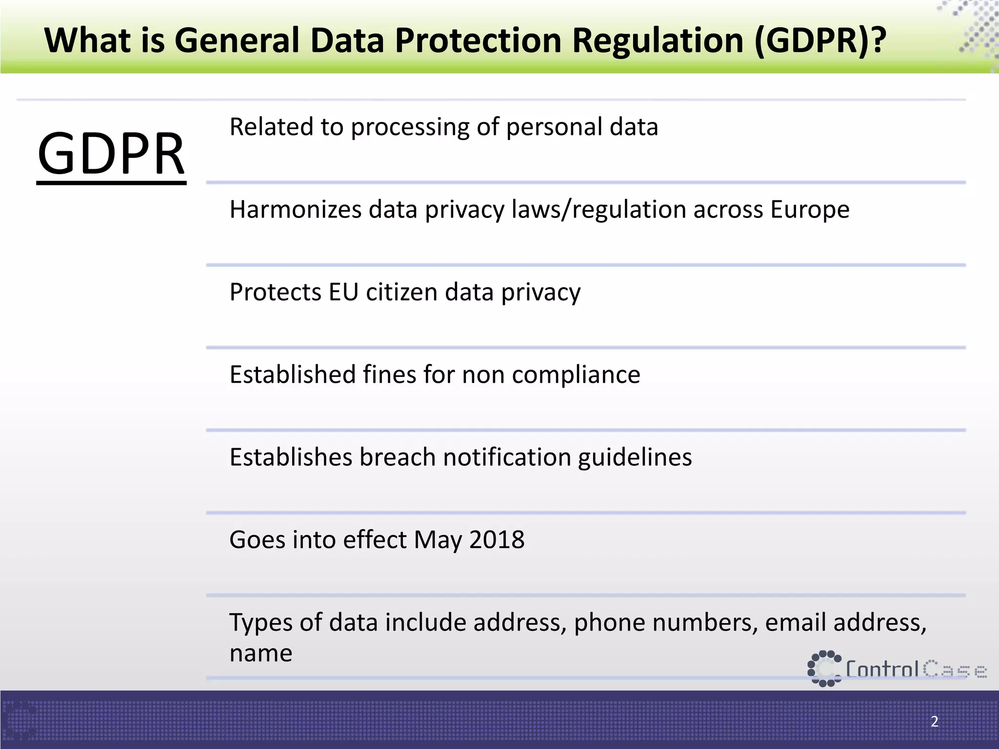 What is General Data Protection Regulation (GDPR)?
2
GDPR
Related to processing of personal data
Harmonizes data privacy laws/regulation across Europe
Protects EU citizen data privacy
Established fines for non compliance
Establishes breach notification guidelines
Goes into effect May 2018
Types of data include address, phone numbers, email address,
name
 
