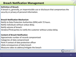 Breach Notification Management
19
Definition of Breach
A breach is, generally, an impermissible use or disclosure that compromises the
security or privacy of personal information.
Breach Notification Mechanism
Notify to Data Protection Authorities (DPA) with 72 hours.
Notify individuals without undue delay.
Notify volume of breach.
Vendors/Third parties to notify the customer without undue delay.
Content of Breach Notification
Approximate number of records compromised
Categories of data compromised
Point if contact of data protection officer
Likely consequences of data breach
Measures takes to address/mitigate the breach
 