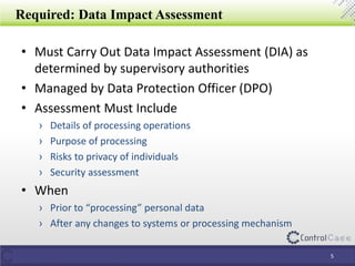 Required: Data Impact Assessment
• Must Carry Out Data Impact Assessment (DIA) as
determined by supervisory authorities
• Managed by Data Protection Officer (DPO)
• Assessment Must Include
› Details of processing operations
› Purpose of processing
› Risks to privacy of individuals
› Security assessment
• When
› Prior to “processing” personal data
› After any changes to systems or processing mechanism
5
 
