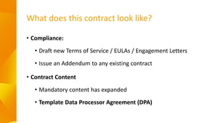 What does this contract look like?
• Compliance:
• Draft new Terms of Service / EULAs / Engagement Letters
• Issue an Adde...