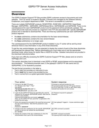 GDPS FTP Server Access Instructions
                                                   (last update: 5/25/09)



Overview
The GDPS Customer Support FTP Site provides GDPS customers access to documents and code
releases. The FTP server is located in Boulder, Colorado and managed by the Software Delivery,
Enablement, and Support department of IBM. The server is accessible by customers.
There are multiple GDPS/RCMF products: RCMF/PPRC, RCMF/XRC, GDPS/PPRC HyperSwap
Manager, GDPS/PPRC, GDPS/XRC, GDPS/Global Mirror, GDPS/MzGM, and GDPS/GM. There is one
userid/password for each GDPS/RCMF product and the password will be periodically updated. The
userid will provide read-only access to a segment in the FTP site associated with specific GDPS/RCMF
product and is intended to download files. There are three key subdirectories per each GDPS/RCMF
product segment:
    the docs subdirectory contains documentation for the base version/release.
    the code subdirectory contains the new version/release
    the fixes subdirectory is no longer used.
The userid/password for the GDPS/RCMF product installed in your IT center will be sent by email
whenever there is new information in any of the three directories.
To get the new version/release, you are expected to display the content of each of the three directories
and download the relevant files. Before downloading you must make sure to set the appropriate
download mode: either binary for zip/bin files or ASCII for txt files. Detailed instructions are provided in
the download instructions below.
If you have any difficulty accessing the GDPS Customer Support FTP Site, please send an email to
GDPS@us.ibm.com.
This section describes how to download a new GDPS or RCMF version/release and its associated
documentation. The following example uses (1) the gdpspp31 GDPS FTP site userid and (2)
GDPS/PPRC 3.2 for illustrative purposes.
The text format convention in the table is:
   Text in italic font provides an instruction to you
   Text in bold font is input to be provided by you
   Text in normal font is a system-generated response.




    Your action                                                    System response
  1 Connect to the IBM FTP server:                                 Connected to service2.boulder.ibm.com.
    On Windows click “Start” > “Run”                               220 service2.boulder.ibm.com FTP server (Version
    and specify                                                    wu-2.6.2(1) Mon Dec 3 15:26:19 MST 2005) ready.
    “ftp testcase.boulder.ibm.com” or                              User(service2.boulder.ibm.com:(none)):
    “ftp 170.225.15.31 ” and click on OK.
  2 Login into the GDPS FTP Server by specifying the userid &    331 Password required for gdpspp31.
    password for the specific GDPS/RCMF product. Note that the Password:
    userid is case sensitive.
    User(service2.boulder.ibm.com:(none)): gdpspp31
    Note: use the GDPS FTP site userid that is applicable to the
    product you are using.
  3 Enter your password as provided in the email that announced 230 User gdpspp31 logged in. Access restrictions apply.
    the new version/release. Note that the password is case     ftp >
    sensitive.
    Password: “password”
  4 Change to the docs subdirectory for the specific GDPS/RCMF 250 CWD command successful
    product so that you can retrieve the documentation.        ftp >
    ftp> cd docs
  5 Display the contents of the docs subdirectory to show the      200 PORT command successful.
    documentation that is part of the version/release.             150 Opening ASCII mode data connection for /bin/ls.




                                                        Page 1 of 2
 