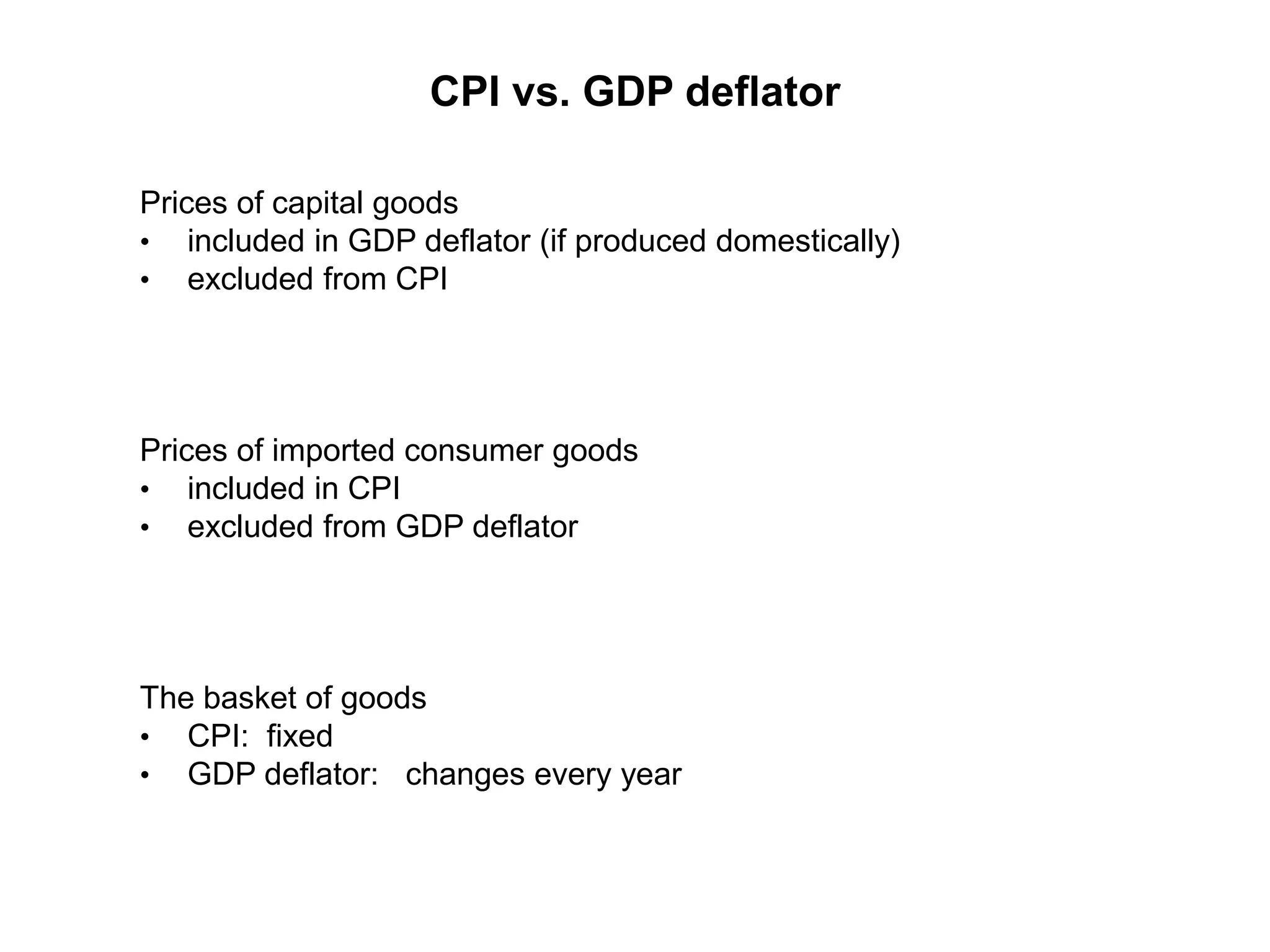 CPI vs. GDP deflator
Prices of capital goods
• included in GDP deflator (if produced domestically)
• excluded from CPI
Prices of imported consumer goods
• included in CPI
• excluded from GDP deflator
The basket of goods
• CPI: fixed
• GDP deflator: changes every year
 