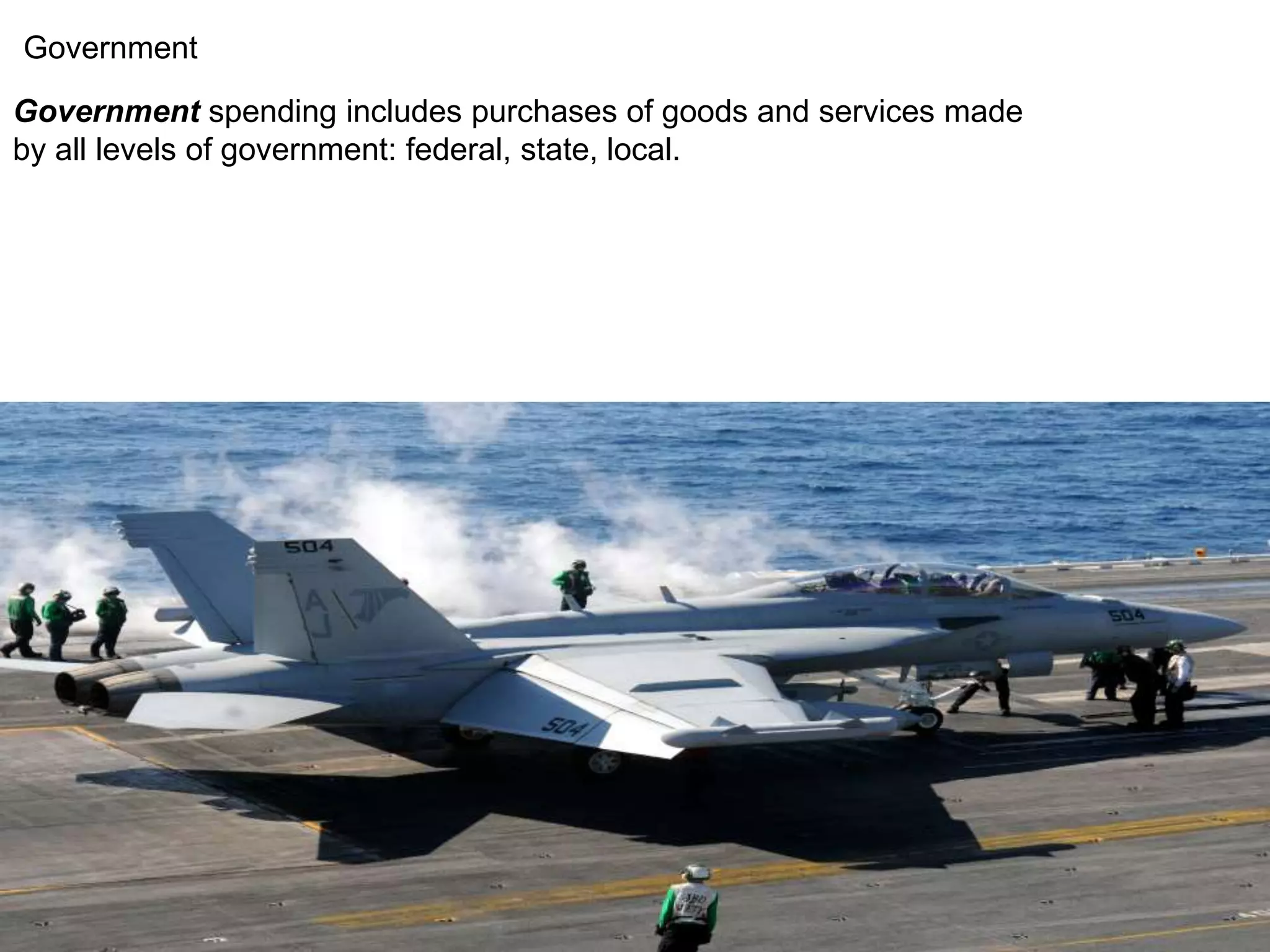 Government 
Government spending includes purchases of goods and services made 
by all levels of government: federal, state, local. 
 