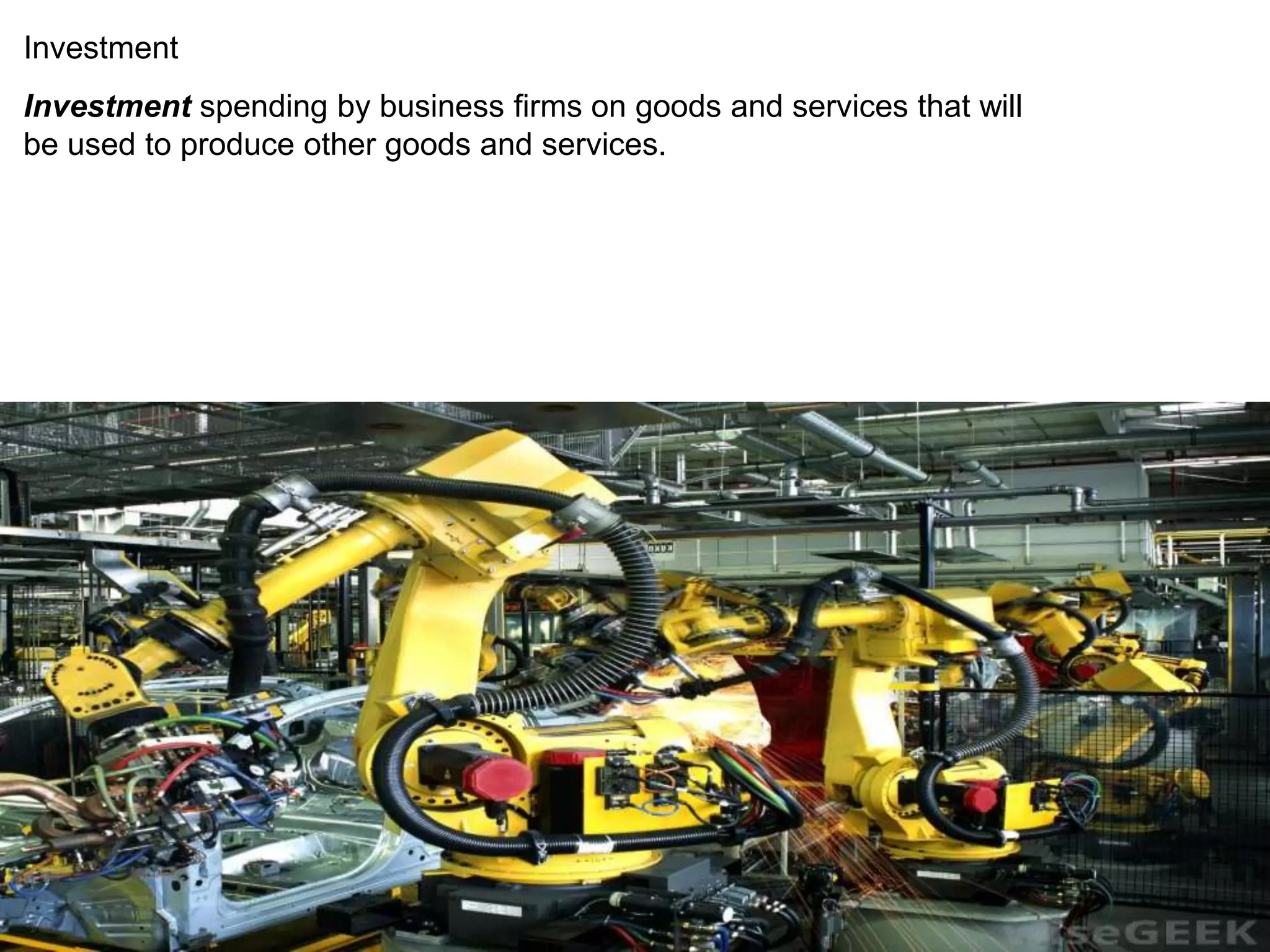 Investment 
Investment spending by business firms on goods and services that will 
be used to produce other goods and services. 
 