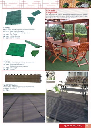 101I giardini del re 2017
P40 VERDE
portata statica 9000 kg/mq distribuiti uniformemente.
Cod. 35191	 piastrella cm 39x39x4,5
	 (compreso incastro cm 40x40)
Cod. 35232	 set 4 angoli
Cod. 35221	 scivolo femmina
Cod. 35201	 scivolo maschio
PAVIMENTO
in polipropilene
Per uso esterno ed interno, resistente agli agenti atmosferici, solventi
ed oli. Ideale per pavimentazioni da giardino, bordi piscina, campeggi.
Piastrelle munite di incastri laterali per la giunzione.
E40 VERDE
portata statica 7000 kg/mq distribuiti uniformemente.
Cod. 82224	 piastrella cm 39x39x2,5
	 (compreso incastro cm 40x40)
Cod. 82327	 set 4 angoli
Cod. 82313	 scivolo
P120M EFFETTO LEGNO
portata statica 7000 kg/mq distribuiti uniformemente.
Listone cm 117,8x16x2,5
Cod. 82329
 