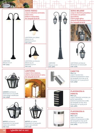 I giardini del re 2017110
ANTICO con braccio
Dimensioni cm 23x23x30h
Colore nero anticato
Cod. 15137
ANTICO con catena
Dimensioni cm 24x24x26h
Colore nero anticato
Cod. 15138
GARDEN con braccio
Dimensioni cm 21x21x28h
Colore grigio metallizzato
Cod. 20498
FARETTO
Mod. 215
corpo in acciaio inox.
Schermo di protezione in vetro.
Per lampade GU10 max 35 W
Dimensioni cm 17,5x6,3x10,2h
Cod. 42898
PLAFONIERA A
PARETE
Mod. 413
corpo in alluminio verniciato con
polveri epossidiche.
Schermo di protezione in ABS.
Per lampade G9 max 28 W
Dimensioni cm 9,5x6,3x17h
Cod. 42882
PLAFONIERA A
PARETE
Mod. 1130-1
corpo in acciaio inox.
Schermo di protezione in ABS.
Per lampade E27 max 40 W
Dimensioni cm 9,5x16,1x26h
Cod. 42883
SERIE PARIGI
corpo in alluminio verniciato.
Colore nero.
Globo in metacrilato.
Per lampade da 60 W
LANTERNE
corpo in ferro battuto,
schermo di protezione in vetro.
Per lampade da 60 W
LAMPIONE
Altezza 210 cm
Cod. 32953	
LANTERNA con braccio
Altezza 43 cm
Diametro 27,8 cm
Cod. 7235	
LANTERNA con catena
Altezza 25 cm
Diametro 27,8 cm
Cod. 57014	
LAMPIONE
Altezza 220 cm
Cod. 34801
LANTERNA con braccio
Dimensioni cm 20x20x50h
Cod. 22789
SERIE MILANO
corpo in alluminio pressofuso
verniciato con polveri
epossidiche.
Colore grigio ghisa.
Schermo di protezione in vetro.
Per lampade da 60 W
 