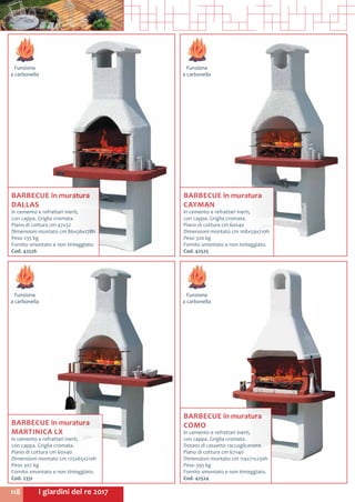 I giardini del re 2017118
Funziona
a carbonella
Funziona
a carbonella
Funziona
a carbonella
Funziona
a carbonella
BARBECUE in muratura
DALLAS
in cemento e refrattari inerti,
con cappa. Griglia cromata.
Piano di cottura cm 47x32
Dimensioni montato cm 86x56x178h
Peso 235 kg
Fornito smontato e non tinteggiato.
Cod. 42526
BARBECUE in muratura
CAYMAN
in cemento e refrattari inerti,
con cappa. Griglia cromata.
Piano di cottura cm 60x40
Dimensioni montato cm 108x59x210h
Peso 320 kg
Fornito smontato e non tinteggiato.
Cod. 42525	
BARBECUE in muratura
COMO
in cemento e refrattari inerti,
con cappa. Griglia cromata.
Dotato di cassetto raccoglicenere.
Piano di cottura cm 67x40
Dimensioni montato cm 114x71x230h
Peso 395 kg
Fornito smontato e non tinteggiato.
Cod. 42524	
BARBECUE in muratura
MARTINICA LX
in cemento e refrattari inerti,
con cappa. Griglia cromata.
Piano di cottura cm 60x40
Dimensioni montato cm 125x65x210h
Peso 307 kg
Fornito smontato e non tinteggiato.
Cod. 2331
 