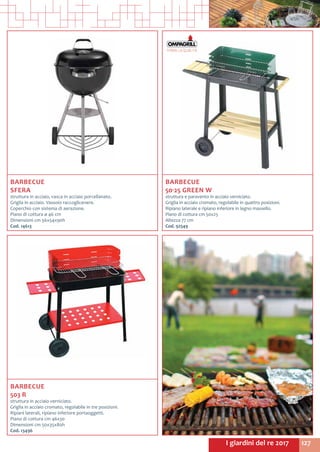 127I giardini del re 2017
BARBECUE
SFERA
struttura in acciaio, vasca in acciaio porcellanato.
Griglia in acciaio. Vassoio raccoglicenere.
Coperchio con sistema di aerazione.
Piano di cottura ø 46 cm
Dimensioni cm 56x54x90h
Cod. 14613
BARBECUE
50-25 GREEN W
struttura e paravento in acciaio verniciato.
Griglia in acciaio cromato, regolabile in quattro posizioni.
Ripiano laterale e ripiano inferiore in legno massello.
Piano di cottura cm 50x25
Altezza 77 cm
Cod. 92549
BARBECUE
503 R
struttura in acciaio verniciato.
Griglia in acciaio cromato, regolabile in tre posizioni.
Ripiani laterali, ripiano inferiore portaoggetti.
Piano di cottura cm 46x30
Dimensioni cm 50x35x80h
Cod. 13496	
 