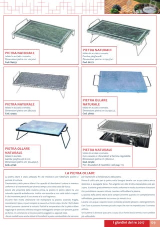 129I giardini del re 2017
LA PIETRA OLLARE
La pietra ollare è stata utilizzata fin dal medioevo per fabbricare piastre e
pentole di cottura.
Caratteristica della pietra ollare è la capacità di distribuire il calore in maniera
uniforme e di mantenerlo per diverso tempo una volta tolta dal fuoco.
Grazie alle proprietà della materia prima, la piastra in pietra ollare ha una
naturale capacità antiaderente. Inoltre non assorbe e non cede odori e sapori.
Il cibo mantiene perciò il suo aroma e la sua fragranza.
Occorre fare molta attenzione nel manipolare la piastra: essendo fragile,
nonostante il peso, si può rompere a causa di un forte colpo. Anche i forti sbalzi
termici possono causarne la rottura. Poichè la temperatura che la pietra ollare
raggiunge è piuttosto elevata bisogna maneggiarla sempre con pesanti guanti
da forno. In commercio si trovano pietre poggiate su appositi telai.
Alcuni modelli sono anche dotati di fornelletti a pasta combustibile che servono
per mantenere la temperatura della pietra.
Prima di utilizzarla per la prima volta bisogna lavarla con acqua salata senza
detersivo e asciugarla bene. Poi ungerla con olio di oliva lasciandola così per
24ore. Scaldarla gradualmente in modo uniforme in modo da evitare dilatazioni
che potrebbero causare rotture. Lasciare raffreddare la piastra.
La pulizia della pietra ollare deve sempre avvenire quando si è completamente
raffreddata, generalmente occorrono 30 minuti circa.
Lavarla con acqua e sapone neutro evitando prodotti abrasivi e detergenti forti.
Con l’uso si possono formare piccole crepe che non ne impediscono il corretto
utilizzo.
Se la pietra si dovesse spaccare a causa di un forte shock termico non sarebbe
più utilizzabile.
PIETRA NATURALE
telaio in acciaio cromato.
Dimensioni pietra cm 20x30x2
Cod. 84033
PIETRA OLLARE
NATURALE
telaio in acciaio.
Gambe pieghevoli 16 cm
Dimensioni pietra cm 30x40x2,5
Cod. 41740
PIETRA OLLARE
NATURALE
telaio in acciaio cromato.
Dimensioni pietra cm 25x35x2,5
Cod. 38002
PIETRA NATURALE
telaio in acciaio cromato.
Gambe pieghevoli.
Dimensioni pietra cm 19x37x2
Cod. 66272
PIETRA NATURALE
telaio in acciaio cromato.
Dimensioni pietra cm 38x20x2
Cod. 92959
PIETRA NATURALE
telaio in acciaio cromato.
Con vassoio e 2 bruciatori a fiamma regolabile.
Dimensioni pietra cm 38x20x2
Cod. 92960
Per i bruciatori di ricambio vedi pag. 133
 