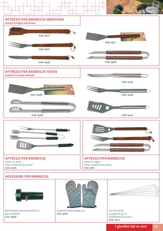 131I giardini del re 2017
Cod. 14311
Cod. 14505
Cod. 14271
Cod. 14350
Cod. 14412
ATTREZZI PER BARBECUE
manici in resina.
Serie composta da 3 pezzi
Cod. 14205	
ATTREZZI PER BARBECUE
manici in legno.
Serie composta da 3 pezzi
Cod. 4667
ATTREZZI PER BARBECUE TEXAS
manici in acciaio satinato
ATTREZZI PER BARBECUE MONTANA
manici in legno verniciato
ACCESSORI PER BARBECUE
SET SPIEDINI
Lunghezza 35 cm
Confezione da 6 pezzi
Cod. 14175	
Cod. 14248
Cod. 14232
Cod. 14256
Cod. 14258
Cod. 14255
GUANTO PER BARBECUE
Cod. 4666	
MOTORINO PER GIRARROSTO
tipo a batteria
Cod. 19998	
 