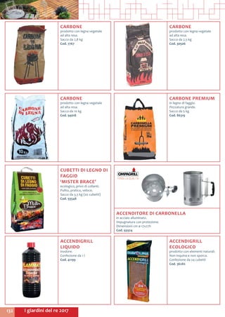 I giardini del re 2017132
ACCENDITORE DI CARBONELLA
in acciaio alluminato.
Impugnatura con protezione.
Dimensioni cm ø 17x27h
Cod. 93924	
CARBONE PREMIUM
in legno di faggio.
Pezzatura grande.
Sacco da 5 kg
Cod. 86319	
CARBONE
prodotto con legna vegetale
ad alta resa.
Sacco da 10 kg
Cod. 94018	
CUBETTI DI LEGNO DI
FAGGIO
‘MISTER BRACE’
ecologico, privo di collanti.
Pulito, pratico, veloce.
Sacco da 3,5 kg (20 cubetti)
Cod. 93548
CARBONE
prodotto con legna vegetale
ad alta resa.
Sacco da 2,8 kg
Cod. 7767	
CARBONE
prodotto con legna vegetale
ad alta resa.
Sacco da 2,5 kg
Cod. 30506	
ACCENDIGRILL
LIQUIDO
inodore.
Confezione da 1 l
Cod. 41199	
ACCENDIGRILL
ECOLOGICO
prodotto con elementi naturali.
Non inquina e non sporca.
Confezione da 24 cubetti
Cod. 36282	
 