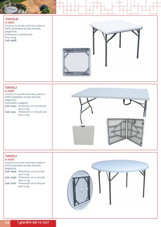 I giardini del re 2017134
TAVOLO
in HDPE
struttura in acciaio verniciato, piano in
HDPE (polietilene ad alta densità),
pieghevole.
Dimensioni cm 87x87x74h
Peso 10 kg
Cod. 14308
TAVOLI
in HDPE
struttura in acciaio verniciato, piano in
HDPE (polietilene ad alta densità),
pieghevoli.
Richiudibili a valigetta
Cod. 10243	 Dimensioni cm 152x76x74h
	 peso 12 kg
Cod. 14313	 Dimensioni cm 183x76x74h
	 peso 15 kg
TAVOLI
in HDPE
struttura in acciaio verniciato, piano in
HDPE (polietilene ad alta densità),
pieghevoli.
Cod. 10638	 Dimensioni cm ø 122x74h
	 peso 13 kg
Cod. 10306	 Dimensioni cm ø 152x74h
	 peso 22 kg
Cod. 10282	 Dimensioni cm ø 180x74h
	 peso 31 kg
 