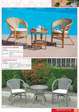 15I giardini del re 2017
SALOTTINO ANITA
in rattan
Cod. 93622	 salottino composto da:
	 due poltrone 	 Dimensioni cm	64x65x77h
	 tavolino	 Dimensioni cm	 ø 50x50h
	 con vetro spessore 5 mm
completo di cuscini	
SALOTTINO HAVANA
in rattan
Cod. 40973	 poltrona con cuscino 	
	 Dimensioni cm 65x65x78h
Cod. 41006	 tavolino 	
	 con vetro
	 Dimensioni cm ø 50x50h
 