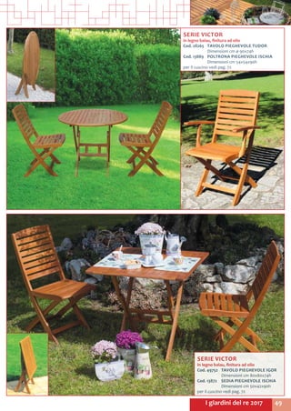 49I giardini del re 2017
SERIE VICTOR
in legno balau, finitura ad olio
Cod. 28265	 TAVOLO PIEGHEVOLE TUDOR
	 Dimensioni cm ø 90x74h
Cod. 13889	 POLTRONA PIEGHEVOLE ISCHIA
	 Dimensioni cm 54x54x90h
per il cuscino vedi pag. 72
SERIE VICTOR
in legno balau, finitura ad olio
Cod. 49752	 TAVOLO PIEGHEVOLE IGOR
	 Dimensioni cm 80x80x74h
Cod. 13872	 SEDIA PIEGHEVOLE ISCHIA
	 Dimensioni cm 50x42x90h
per il cuscino vedi pag. 72
 
