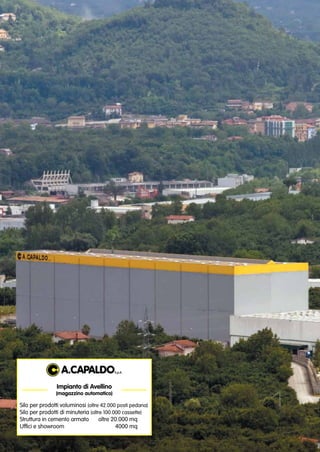 Impianto di Avellino
(magazzino automatico)
Silo per prodotti voluminosi (oltre 42.000 posti pedana)
Silo per prodotti di minuteria (oltre 100.000 cassette)
Struttura in cemento armato 	 oltre 20.000 mq
Uffici e showroom		 4000 mq
 