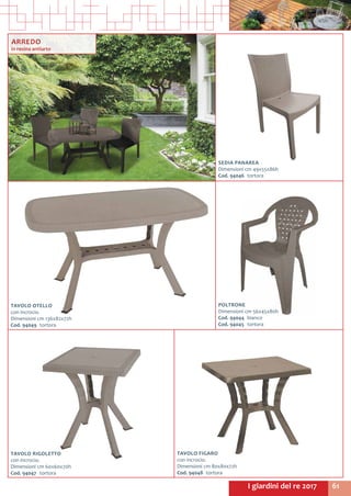 61I giardini del re 2017
TAVOLO OTELLO
con incrocio.
Dimensioni cm 136x82x72h
Cod. 94049	tortora
ARREDO
in resina antiurto
TAVOLO RIGOLETTO
con incrocio.
Dimensioni cm 60x60x70h
Cod. 94047	tortora
SEDIA PANAREA
Dimensioni cm 49x55x86h
Cod. 94046	tortora
POLTRONE
Dimensioni cm 56x45x80h
Cod. 94044	bianco
Cod. 94045	tortora
TAVOLO FIGARO
con incrocio.
Dimensioni cm 80x80x72h
Cod. 94048	tortora
 