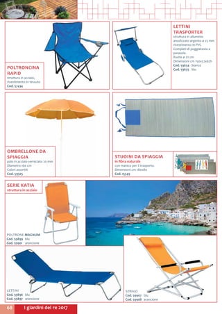 I giardini del re 201768
SERIE KATIA
struttura in acciaio
LETTINI
Cod. 59896	blu
Cod. 59897	arancione
SDRAIO
Cod. 59907	blu
Cod. 59908	arancione
POLTRONE MAGNUM
Cod. 59899	blu
Cod. 59901	arancione
OMBRELLONE DA
SPIAGGIA
palo in acciaio verniciato 20 mm
Diametro 160 cm
Colori assortiti
Cod. 59925
STUOINI DA SPIAGGIA
in fibra naturale
con manico per il trasporto.
Dimensioni cm 180x80
Cod. 15349
POLTRONCINA
RAPID
struttura in acciaio,
rivestimento in tessuto
Cod. 57434	
LETTINI
TRASPORTER
struttura in alluminio
anodizzato argento ø 25 mm
rivestimento in PVC
Completi di poggiatesta e
parasole.
Ruote ø 22 cm
Dimensioni cm 150x52x62h
Cod. 93634	 bianco
Cod. 93635	 blu
 