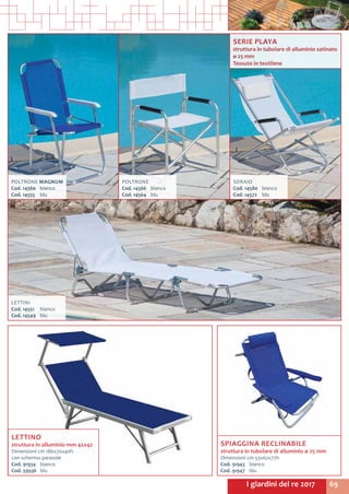 69I giardini del re 2017
LETTINO
struttura in alluminio mm 42x42
Dimensioni cm 186x70x40h
con schermo parasole
Cod. 91934	 bianco
Cod. 59936	 blu
SPIAGGINA RECLINABILE
struttura in tubolare di alluminio ø 25 mm
Dimensioni cm 53x62x77h
Cod. 91943	 bianco
Cod. 91947	blu
SERIE PLAYA
struttura in tubolare di alluminio satinato
ø 25 mm
Tessuto in textilene
SDRAIO
Cod. 14580	bianco
Cod. 14572	blu
POLTRONE
Cod. 14566	bianco
Cod. 14564	blu
POLTRONE MAGNUM
Cod. 14560	bianco
Cod. 14555	blu
LETTINI
Cod. 14551	bianco
Cod. 14549	blu
 