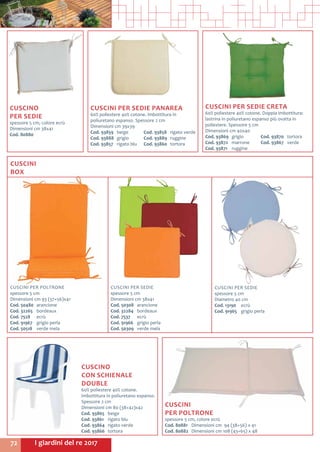 I giardini del re 201772
CUSCINO
PER SEDIE
spessore 5 cm, colore ecrù
Dimensioni cm 38x41
Cod. 80880
CUSCINI PER SEDIE PANAREA
60% poliestere 40% cotone. Imbottitura in
poliuretano espanso. Spessore 2 cm
Dimensioni cm 39x39
Cod. 93859	beige
Cod. 93888	grigio
Cod. 93857	 rigato blu
Cod. 93858	 rigato verde
Cod. 93889	ruggine
Cod. 93860	tortora
CUSCINI PER SEDIE CRETA
60% poliestere 40% cotone. Doppia imbottitura:
lastrina in poliuretano espanso più ovatta in
poliestere. Spessore 5 cm
Dimensioni cm 40x40
Cod. 93869	grigio
Cod. 93872	marrone
Cod. 93871	ruggine
Cod. 93870	tortora
Cod. 93867	verde
CUSCINI PER SEDIE
spessore 5 cm
Diametro 40 cm
Cod. 13190	ecrù
Cod. 91965	 grigio perla
CUSCINI PER POLTRONE
spessore 5 cm
Dimensioni cm 93 (37+56)x41
Cod. 50480	arancione
Cod. 32265	bordeaux
Cod. 7528	ecrù
Cod. 91967	 grigio perla
Cod. 50518	 verde mela
CUSCINI
BOX
CUSCINI PER SEDIE
spessore 5 cm
Dimensioni cm 38x41
Cod. 50308	arancione
Cod. 32284	bordeaux
Cod. 7537	ecrù
Cod. 91966	 grigio perla
Cod. 50309	 verde mela
CUSCINI
PER POLTRONE
spessore 5 cm, colore ecrù
Cod. 80881	 Dimensioni cm 94 (38+56) x 41
Cod. 80882	 Dimensioni cm 108 (43+65) x 48
CUSCINO
CON SCHIENALE
DOUBLE
60% poliestere 40% cotone.
Imbottitura in poliuretano espanso.
Spessore 2 cm
Dimensioni cm 80 (38+42)x42
Cod. 93865	beige
Cod. 93861	 rigato blu
Cod. 93864	 rigato verde
Cod. 93866	tortora
 