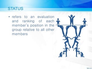 STATUS
• refers to an evaluation
and ranking of each
member’s position in the
group relative to all other
members
 
