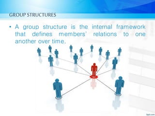 GROUP STRUCTURES
• A group structure is the internal framework
that defines members' relations to one
another over time.
 