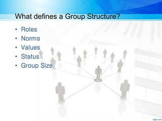 What defines a Group Structure?
• Roles
• Norms
• Values
• Status
• Group Size
 