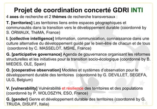 14
Projet de coordination concerté GDRI INTI
4 axes de recherche et 2 thèmes de recherche transversaux :
T. [territories] Les territoires liens entre espaces géographiques et
communautés dans la transition vers le développement durable (coordonné by
S. ORMAUX, ThéMA, France)
I. [collective intelligence] Information, communication, connaissance dans une
culture alternative du développement guidé par le bien-être de chacun et de tous
(coordonné by C. MASSELOT, MSHE, France)
G. [participative governance] Agenda de gouvernance organisant les réformes
structurelles et les initiatives pour la transition socio-écologique (coordonné by B.
MIEDES, OLE, Spain)
O. [cooperative observation] Modèles et systèmes d’observation pour le
développement durable des territoires (coordonné by G. DEVILLET, SEGEFA,
ULG, Belgium)
V. [vulnerability] Vulnérabilité et résilience des territoires et des populations
(coordonné by P. WOLOSZYN, ESO, France)
G. [gender] Genre et développement durable des territoires (coordonné by G.
TRUDA, DISUFF, Italia)
 