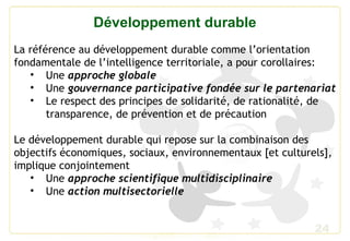 24
Développement durable
La référence au développement durable comme l’orientation
fondamentale de l’intelligence territoriale, a pour corollaires:
• Une approche globale
• Une gouvernance participative fondée sur le partenariat
• Le respect des principes de solidarité, de rationalité, de
transparence, de prévention et de précaution
Le développement durable qui repose sur la combinaison des
objectifs économiques, sociaux, environnementaux [et culturels],
implique conjointement
• Une approche scientifique multidisciplinaire
• Une action multisectorielle
 