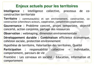 29
Enjeux actuels pour les territoires
Intelligence : intelligence collective, processus de co-
construction territoriale
Territoire : communauté(s) et son environnement, construction, co-
construction (chercheurs-acteurs, coopération, compétition-coopération)
Gouvernance : Problème concret, projet temporaire, objectif
concerté, action conjointe, partage des ressources
Observation : webmaping, dimension environnementale
Développement durable : Combinaison efficience économique,
cohésion sociale, protection environnement
Hypothèse de territoire, Valorisation des territoires, Qualité
Participation : responsabilité collective -> individuelle,
comportement, parcours de vie
Frontière : Les cerveaux en société - Education, information et
comportement
 