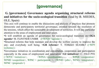 37
[governance]
G. [governance] Governance agenda organizing structural reforms
and initiatives for the socio-ecological transition (lead by B. MIEDES,
OLE, Spain)
This axis will continue to enable the discussions and analysis of practices that promote
democratic and participatory territorial governance, oriented towards the resolution of
the tensions, which affect the sustainable development of territories. It will pay particular
attention to the areas of employment and innovation.
•It will establish an agenda of governance for socio-ecological transition on:<3GA
agenda> M. FLINTNER UNIBR (=WP2D <agenda>)
•Structural reforms that help maintain and develop the welfare society to improve the
any- and everybody well being. <GR reforms> T. TOIKKO SEAMK> (=WP5
[reforms] )
•Governance initiatives in coordination and concertation, cooperation and participation
especially in the areas of employment and innovation <GI initiatives> C. FILO PTE
(=WP2C <initiatives>, =WP6A <coordination>, WP6B <cooperation>
WP4B <coopetition>, WP6C < participation >, =WP4D <jobs>, WP4A <integration>,
WP4C <proposals>)
 