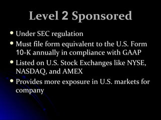 LLeevveell 22 SSppoonnssoorreedd 
UUnnddeerr SSEECC rreegguullaattiioonn 
MMuusstt ffiillee ffoorrmm eeqquuiivvaalleenntt ttoo tthhee UU..SS.. FFoorrmm 
1100--KK aannnnuuaallllyy iinn ccoommpplliiaannccee wwiitthh GGAAAAPP 
LLiisstteedd oonn UU..SS.. SSttoocckk EExxcchhaannggeess lliikkee NNYYSSEE,, 
NNAASSDDAAQQ,, aanndd AAMMEEXX 
PPrroovviiddeess mmoorree eexxppoossuurree iinn UU..SS.. mmaarrkkeettss ffoorr 
ccoommppaannyy 
 