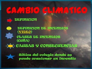 CAMBIO CLIMATICO
DEFINICION
DEFINICION DE INCENDIOS
(VIDEO)
CLASES DE INCENDIOS
(CUÑA)
CAUSAS Y CONSECUENCIAS
Sitios del colegio donde se
puede ocasionar un incendio