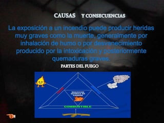 La exposición a un incendio puede producir heridas
muy graves como la muerte, generalmente por
inhalación de humo o por desvanecimiento
producido por la intoxicación y posteriormente
quemaduras graves.