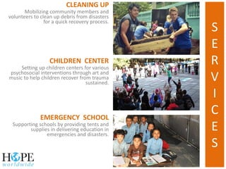 CLEANING UP
Mobilizing community members and
volunteers to clean up debris from disasters
for a quick recovery process.
CHILDREN CENTER
Setting up children centers for various
psychosocial interventions through art and
music to help children recover from trauma
sustained.
EMERGENCY SCHOOL
Supporting schools by providing tents and
supplies in delivering education in
emergencies and disasters.
S
E
R
V
I
C
E
S
 