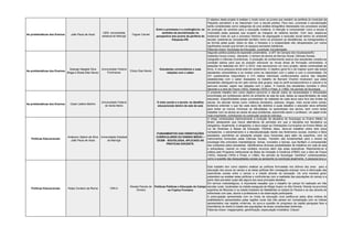 As problemáticas dos Ensinos João Paulo de Assis
UEM- universidade
estadual de Maringá
Fagner Carniel
Entre a promessa e a contingência: os
sentidos da escolarização na
perspectiva dos jovens da periferia de
Paiçandu-PR.
O objetivo deste projeto é analisar o modo como os jovens que residem na periferia do município de
Paiçandu percebem e se relacionam com a escola pública. Para isso, juventude e escolarização
serão consideradas como categorias de uma análise etnográfica interessada nos processos sociais
de produção de sentidos para a educação moderna. A intenção é compreender como a escola é
vivenciada pelas pessoas que ocupam as margens do sistema escolar. Com isso, espera-se
evidenciar mais do que o processo histórico de segregação e exclusão social dentro do ambiente
escolar; pretende-se compreender também como se produzem as dissidências, as transgressões e
as formas pelas quais, todos os dias, o fracasso e a incapacidade são ultrapassados por outros
significados sociais que tornam os espaços escolares habitáveis.
Palavras-chave: Sociologia da Educação; Juventude; Escolarização.
As problemáticas dos Ensinos
Solange Naegele Silva
Braga e Eloiza Dias Neves
Universidade Federal
Fluminense
Eloiza Dias Neves
Estudantes universitários e suas
relações com o saber
Segundo política pública de expansão universitária, a UFF de Campos dos Goytacazes/RJ
implantou novos cursos, elevando o número de alunos de Serviço Social, Ciências Sociais,
Geografia e Ciências Econômicas. A produção de conhecimento acerca dos estudantes constitui-se
condição básica para que se possam estruturar as novas áreas de formação universitária. A
pesquisa foi realizada em 2011 e 2012, mas escrevemos um novo projeto, dando continuidade ao
tema. A nova pesquisa ainda está em andamento. O objetivo geral foi o de mapear quem são esses
estudantes universitários e os modos como se relacionam com o saber e com a universidade. Os
231 questionários respondidos e 313 relatos individuais confeccionados acerca das relações
estabelecidas com o saber (baseados no trabalho de Bernard Charlot) mostraram que estes
estudantes distinguem-se em pelo menos dois grupos, seja no perfil socioeconômico e cultural e no
percurso escolar, sejam nas relações com o saber. A maioria dos estudantes concebe o ofício
discente e a obra de Freyre (1933), Holanda (1978) e Prado Jr (1982). No período da Sociologia
As problemáticas dos Ensinos Cezar Letiere Martins
Universidade Federal
de Santa Maria
O meio social e a escola: os desafios
educacionais dentro da sala de aula
O presente trabalho tem como objetivo percorrer e discutir sobre as necessidades e dificuldades
encontradas por professores dentro do ambiente de sala de aula, dadas as especificidades de cada
educando. Especificidades essas provenientes da realidade de cada aluno para fora dos limites da
escola. Ao abordar temas como violência doméstica, pobreza, drogas, meio social entre outras,
tentamos entender o que faz cada aluno tão distintos e quais desafios o educador deve enfrentar
para tentar ao menos minimizar as dificuldades no aprendizado dos alunos, bem como tentar
trabalhar com os alunos as raízes de seus problemas, assumindo assim o professor, um papel muito
mais importante, contribuindo na construção social do individuo.
Políticas Educacionais
Anderson Sabino da Silva
João Paulo de Assis
Universidade Estadual
de Maringá
FUNDAMENTOS DAS ORIENTAÇÕES
CURRICULARES DO ENSINO MÉDIO –
OCEM - SOCIOLOGIA, APLICADO AS
PRÁTICAS DOCENTE.
O artigo contextualiza historicamente a evolução da disciplina de Sociologia no Ensino Médio no
Brasil, destacando que houve alternância de períodos em que a disciplina era facultativa ou
obrigatória. Atualmente, é obrigatória, e deve seguir as Orientações Curriculares do Ensino Médio, da
Lei de Diretrizes e Bases da Educação. Partindo disso, deve-se trabalhar sobre dois eixos
norteadores: o estranhamento e a desnaturalização diante dos fenômenos sociais, eventos e fatos
estudados, permitindo ao estudante ampliar seus horizontes para além da superfície, com os
instrumentos fornecidos pelas Ciências Sociais. Também são fundamentais para o ensino da
sociologia três princípios metodológicos: temas, conceitos e teorias, que facilitam a compreensão
dos conteúdos pelos estudantes. Identificamos diversas possibilidades de trabalhos em sala de aula
e extraclasse, usando os mais variados recursos além das aulas expositivas. Reportando-se à
prática pelo Programa Institucional de Bolsa de Iniciação à Docência (PIBID) noe a obra de Freyre
(1933), Holanda (1978) e Prado Jr (1982). No período da Sociologia “científica” contemporânea,
como a questão das desigualdades sociais se apresenta na sociologia atualmente. A pesquisa leva a
Políticas Educacionais Felipe Cordeiro da Rocha UNILA
Renata Peixoto de
Oliveira
Políticas Públicas e Educação do Campo
na Tríplice Fronteira
Este trabalho tem como objetivo analisar as políticas formuladas nos últimos dez anos para a
educação dos povos do campo e se estas políticas têm conseguido avançar rumo à diminuição das
assimetrias sociais entre o campo e a cidade através da educação. De uma maneira geral,
pretendem-se analisar estas políticas e confronta-las com a realidade das populações do campo e a
partir disto perceber quais são alguns dos seus principais desafios.
Em termos metodológicos, é importante ressaltar que o trabalho de campo foi realizado em três
escolas rurais, localizadas na cidade paraguaia de Minga Guazú no Alto Paraná, Wanda na província
argentina de Misiones e na cidade brasileira de Matelândia no estado do Paraná e se deu através de
entrevistas com pais, alunos e professores e da observação participante.
A preocupação apresentada com os níveis de educação rural justifica-se pelos altos índices de
analfabetismo apresentados pelas regiões rurais dos três países em comparação com os índices
apresentados nas regiões urnternas, do povo.a questão do progresso da capital paraguaia face a
importância do direito à cidade das populações de áreas consideradas históricas.
Palavras-chave: megaprojetos; gentrificação; especulação imobiliária; Chacari
 