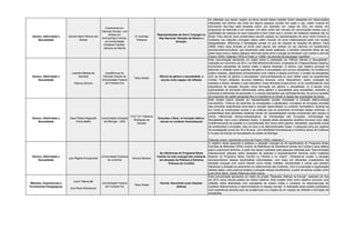 Genero, Afetividade e
Sexualidade
Sandra Mara Pereira dos
Santos
Doutoranda em
Ciências Sociais, com
ênfase em
Antropologia Urbana,
na Universidade
Estadual Paulista-
câmpus de Marília
Dr.Andreas
Hofbauer
Representações de Amor Conjugal no
Rap Nacional: Relação de Gênero e
Emoção.
As reflexões que deram origem ao tema central desse trabalho foram baseadas em observações
realizadas nos últimos dez anos em alguns espaços sociais nos quais o rap (estilo musical do
movimento Hip-Hop) está presente como, por exemplo, em capas de CDs, em shows, em
programas de televisão e em revistas. Um olhar sobre tais veículos de comunicação revelou que a
quantidade de cantores do sexo masculino é bem maior que o número de mulheres cantando rap no
Brasil. Para discutir essa problemática escolhi analisar as representações de amor entre homens e
mulheres nas relações conjugais nesse estilo musical; tal amor heterossexual pode nos revelar
desigualdades, diferenças e estratégias sociais no que diz respeito às relações de gênero. Para
refletir sobre essa emoção já enviei para alguns dos artistas do rap nacional um questionário
sócio/econômico/cultural, que atualmente está sendo analisado, e também interpreto letras de rap
sobre esse tema e realizo diálogos informais sobre amor conjugal via facebook com cantoe a obra de
Freyre (1933), Holanda (1978) e Prado Jr (1982). No período da Sociologia “científica”
Genero, Afetividade e
Sexualidade
Leandra Batista de
Azevedo
Patricia Schons
Acadêmicas de
Ciências Sociais da
Universidade Federal
da Fronteira Sul
Tânia Welter
Oficina de gênero e sexualidade: a
escola como espaço de reflexão
Esta comunicação apresenta um relato sobre a realização da “Oficina Gênero e Sexualidade”,
realizada em novembro de 2013, na EEB Marechal Bormann, localizada em Chapecó/Santa Catarina,
envolvendo estudantes de ensino médio e alguns docentes. A oficina, cujo objetivo principal foi
estimular a reflexão sobre questões de gênero e sexualidade com jovens estudantes, foi dividida em
quatro módulos, objetivando primeiramente ouvir relatos e depois promover o contato de estudantes
com as teorias de gênero e sexualidade, instrumentalizando-os para refletir sobre as experiências
vividas. Foram utilizados recursos didáticos diversos, como “dispositivos”, teatro, produção de
cartazes e textos, debates e aula expositiva. Essa atividade proporcionou: a) às coordenadoras uma
experiência de atuação docente numa formação em gênero e sexualidade; b) à escola uma
oportunidade de formação diferenciada sobre gênero e sexualidade para estudantes, docentes e
outros/as profissionais da educação; e c) aos/às estudantes que participarnternas, do povo.a questão
do progresso da capital paraguaia face a importância do direito à cidade das populações de áreas
Genero, Afetividade e
Sexualidade
Kaue Felipe Nogarotto
Crima Bellini
Universidade Estadual
de Maringá - UEM
Prof.ª Dr.ª Marlene
Rodrigues de
Novaes
Emoções e Sexo: A iniciação afetivo-
sexual no contexto Homossexual
Este projeto busca estudar as representações sociais vinculadas à iniciação afetivo-sexual
homoerótica. Trata-se de examinar as concepções e significados vinculados às emoções oriundas
das primeiras experiências amorosas e sexuais desenroladas no contexto homoafetivo, levando-se
em conta as construções sociais e as sutilezas que se encontram envolvidas nestas vivências. A
problemática será abordada mediante estudo de representações sociais enriquecido pelo acesso a
certos referenciais teórico-metodológicos da Antropologia das Emoções; Antropologia da
Sexualidade, bem como reflexões Queer. A eleição desta perspectiva analítica favorece uma visão
multidimensional da questão e a compreensão dos nexos entre gênero, identidade, expressão social
de sentimentos e emoções, tabu do sexo e as desconstruções Queer. A pesquisa toma por sujeitos
de investigação jovens de 18 a 29 anos, com identidade homossexual e membros ativos de Coletivos
e Grupos de Estudo de Sexualidade da cidade de Maringá.
Palavras-chave: represente a obra de Freyre (1933), Holanda (1
Genero, Afetividade e
Sexualidade
Lais Regina Kruczeveski
Universidade Estadual
de Londrina
Silvana Mariano
As inferências do Programa Bolsa
Família na vida conjugal das mulheres
em situação de Pobreza e Extrema
Pobreza em Curitiba
O objetivo desta pesquisa é analisar a situação conjugal de 95 beneficiárias do Programa Bolsa
Famílias de diferentes CRAS (Centro de Referência de Assistência Social) de Curitiba e seus efeitos
para a autonomia feminina, a partir dos dados coletados pela pesquisa realizada pelo “Discriminação
interseccional: estudos sobre situações de pobreza e empoderamento feminino entre mulheres
titulares do Programa Bolsa Família no Paraná e no Ceará”. Pretende-se avaliar a situação
socioeconômica dessas beneficiárias entrevistadas, com base em diferentes cruzamentos da
situação conjugal com outros fatores como renda, trabalho, escolaridade e outros que possam
influenciar a situação de autonomia (ou heteronomia) das mulheres. Com a construção e organização
desses dados, será possível analisar a situação dessas beneficiárias, a partir de teorias sociais como
a de Ulrich Beck, Carole Paterman entre outros.
Métodos, Experiencias e
Ferramentas Pedagógicas
Ivanir Fátima Bé
Ana Paula Wizniewski
Universidade Federal
da Fronteira Sul
Tânia Welter
Escola: discutindo suas relações
afetivas
Esta comunicação apresenta um relato do projeto "Relações Afetivas na Escola", realizado em fins
de 2013 numa escola pública de Santa Catarina. Este projeto tinha como objetivo provocar uma
reflexão sobre afetividade com estudantes de ensino médio e contribuir na desconstrução de
modelos hetenormativos e discriminatórios no espaço escolar. A realização deste projeto possibilitou
uma experiência docente para as acadêmicas e a criação de um espaço de reflexão e formação de
estudantes.
 