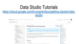 Data Studio Tutorials
https://cloud.google.com/bi-engine/docs/getting-started-data-
studio
 