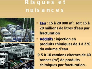 Eau  : 15 à 20 000 m 3 , soit 15 à 20 millions de litres d’eau par  fracturation Additifs  : injection en  produits chimiques de 1 à 2 % du volume d'eau ->  5 à 10 camions citernes de 40 tonnes (m 3 ) de produits chimiques par fracturation Risques et nuisances 
