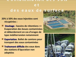 Contamination des sols et  des eaux de surface 20% à 50% des eaux injectées sont récupérées : Stockage  : bassins de rétentions => Evaporation des boues contaminées et débordement en cas d'orages de type méditerranéen notamment Exportation . Ballet de camions pour transport des eaux contaminées Traitement difficile  des eaux dans des stations d’épuration non adaptées 