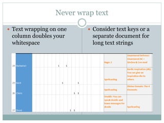 Never wrap text
 Text wrapping on one
column doubles your
whitespace
 Consider text keys or a
separate document for
long text strings
 
