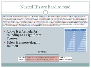 Nested IFs are hard to read
 Above is a formula for
rounding to 2 Significant
Figures
 Below is a more elegant
solution
Formula
 