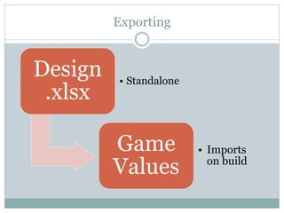 Exporting
Design
.xlsx
• Standalone
Game
Values
• Imports
on build
 