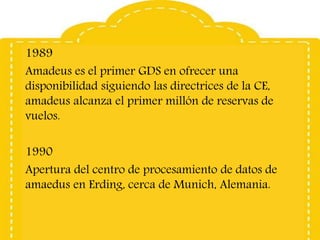 1989
Amadeus es el primer GDS en ofrecer una
disponibilidad siguiendo las directrices de la CE,
amadeus alcanza el primer millón de reservas de
vuelos.
1990
Apertura del centro de procesamiento de datos de
amaedus en Erding, cerca de Munich, Alemania.
 