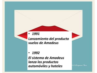• 1991
Lanzamiento del producto
vuelos de Amadeus
• 1992
El sistema de Amadeus
lanza los productos
automóviles y hoteles
 