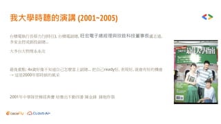 我大學時聽的演講 (2001~2005)
台積電執行長蔡力行(時任), 台積電副總, 旺宏電子總經理與欣銓科技董事長盧志遠,
多家金控或創投副總...
大多台大物理系系友
最後重點: 4x歲好像不知道自己怎麼當上副總... 把自己ready好, 表現好, 就會有好的機會
→ 這是2000年那時候的風采
2001年中華隊世棒經典賽 培養出不動四番 陳金鋒 鋒炮炸裂
 