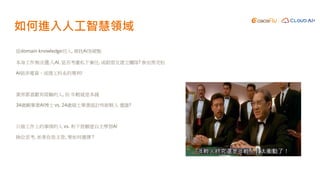 如何進入人工智慧領域
從domain knowledge切入, 尋找AI突破點
本身工作無法進入AI, 是否考慮私下兼任, 或跟朋友建立團隊? 參加黑克松
AI絕非電資，或理工科系的專利!
業界都喜歡有經驗的人, 但 年輕就是本錢
34歲剛畢業AI博士 vs. 24歲碩士畢業統計所新鮮人 選誰?
只做工作上的事情的人 vs. 和下班願意自主學習AI
換位思考, 如果你是主管, 要如何選擇 ?
 