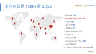 全球有超過 1500+個 GDSC
● Europe 158
● Hong Kong/Taiwan 39
● India 351
● LATAM 83
● MENA 185
● North America 175
● EAA 45
● Pakistan 61
● Sub Saharan Africa 199
● ASEAN 147
● Turkey, Central Asia, Caucasus 83
 