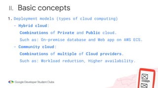 II. Basic concepts
1. Deployment models (types of cloud computing)
- Hybrid cloud:
Combinations of Private and Public cloud.
Such as: On-premise database and Web app on AWS ECS.
- Community cloud:
Combinations of multiple of Cloud providers.
Such as: Workload reduction, Higher availability.
 